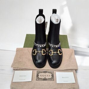 Gucci Black Leather Chain Horsebit Calf Ankle Boots Chunk Heel Chelsea 35 US 5.